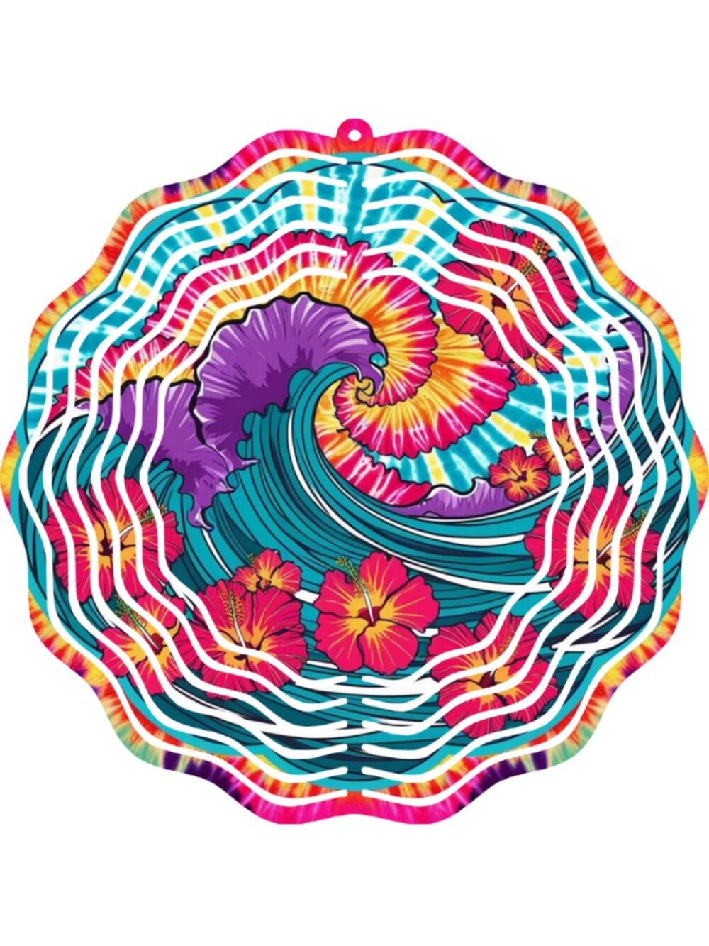 Whimsical Wind Spinner 10" Metal Outdoor Tropical Hibiscus Wave Colorful 3D Art